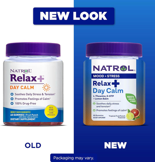 Natrol Relax + Day Calm With L-Theanine, 5-HTP and Lemon Balm, Drug-Free Dietary Supplement for Mood and Stress, 60 Tropical Fruit Punch-avored Gummies, 30 Day Supply