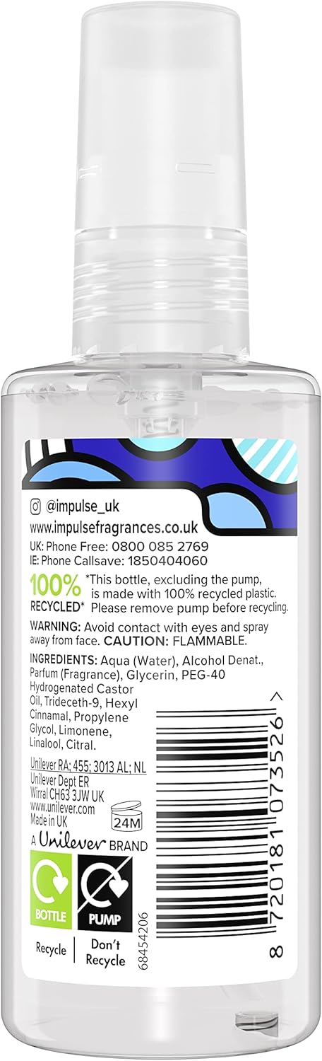 Impulse Wild Waves Made With 100% Pcr Plastic Body Mist Deodorant Spray For A Unique And Fresh Fragrance 6 X 100 Ml