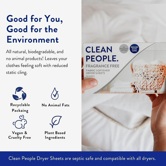 The Clean People Fabric Softener Sheets - Dryer Sheets - Softens & Removes Static Cling - Vegan Laundry Softener, Fragrance Free - Unscented, 160Pack