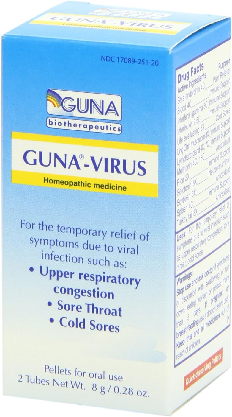 Guna Virus Pellets for The Temporary Relief of Symptoms Such as: Upper Respiratory Congestion, Sore Throat and Cold sores - Non-Drowsy - 2 Tubes : Health & Household