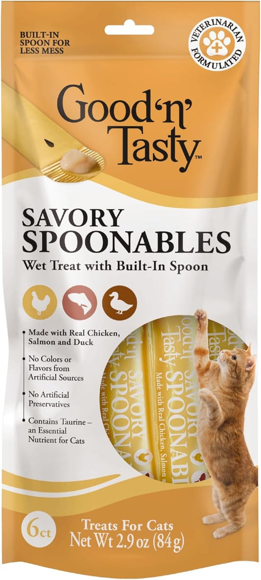 Good 'N' Tasty Savory Spoonables With Real Chicken, Salmon And Duck For Cats, 6 Count, Treat Your Cat To Triple Flavor Squeezable Lickable Wet Treats With Built-In Spoon For Less Mess