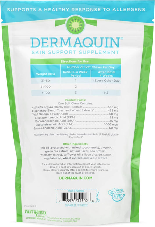 Nutramax Dermaquin® Skin Support Supplement For Large Dogs 31+ Lbs, 60 Soft Chews
