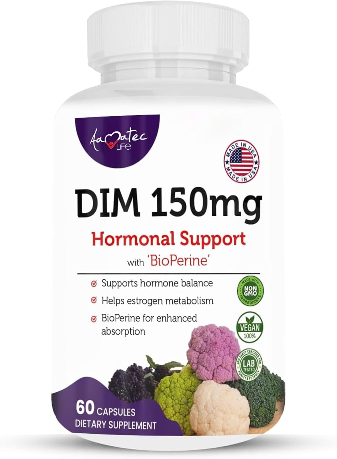 Aamatec Life Women’S Dim Complex 150Mg - Bioperine Estrogen Balancing Pills For Menopause & Hot Flashes Relief Support Hormonal Acne Powerful Supplement - 60 Capsules - Made In Usa