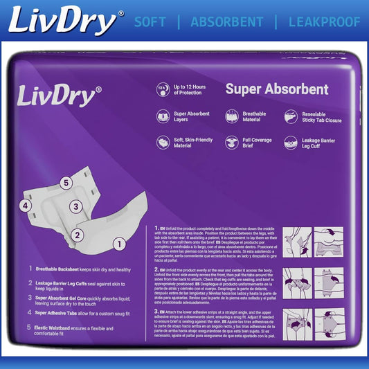 Livdry Megabriefs Xl Adult Diapers With Tabs, Max 12-Hour Capacity, Super Absorbent Incontinence Underwear, Leak Protection Briefs, Extra Large, 48-Pack