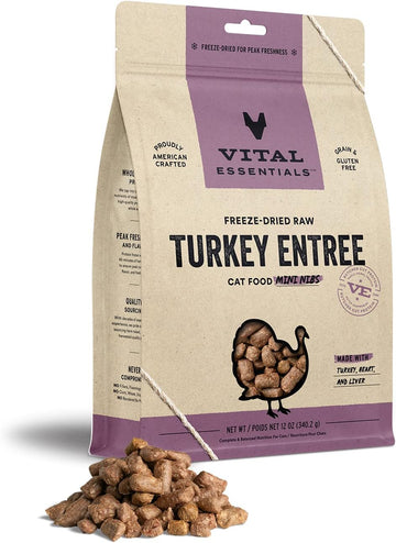 Vital Essentials Freeze Dried Raw Cat Food, Turkey Mini Nibs Entree, 12 Oz