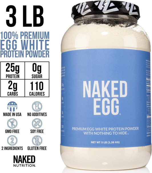 Naked 3Lb Non-Gmo Egg White Protein Supplement Powder, Unflavored, No Additives, Paleo, Dairy Free, Gluten Free, Soy Free – 25G Protein, 44 Servings, 3 Pounds