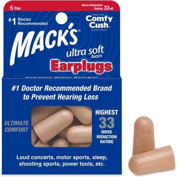 Mack's Ultra Soft Foam Earplugs, 5 Pair - 33dB Highest NRR, Comfortable Ear Plugs for Sleeping, Snoring, Travel, Concerts, Studying, Loud Noise, Work | Made in USA