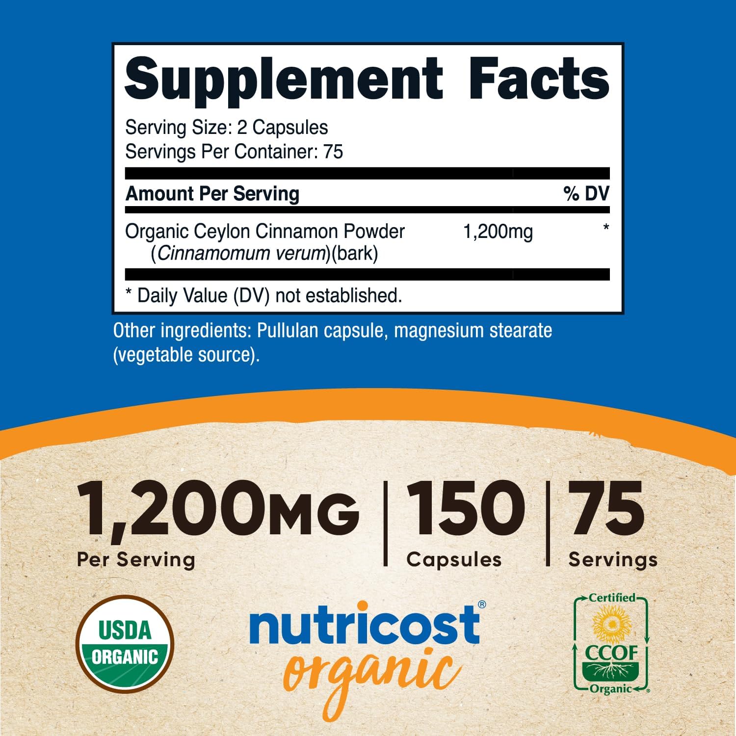 Nutricost Organic Cinnamon (Ceylon Cinnamon) 1,200mg Serving, 150 Capsules - Gluten Free, Non-GMO