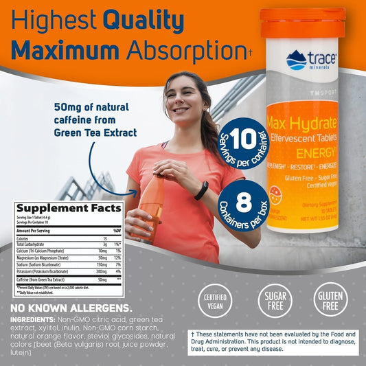 Trace Minerals Max-Hydrate Endurance - Daily Energy Support Supplement - Electrolyte Supplement To Aid Against Muscle Cramps - Supplement To Support Hydration - Citrus, 10 Tabs (80 Servings)