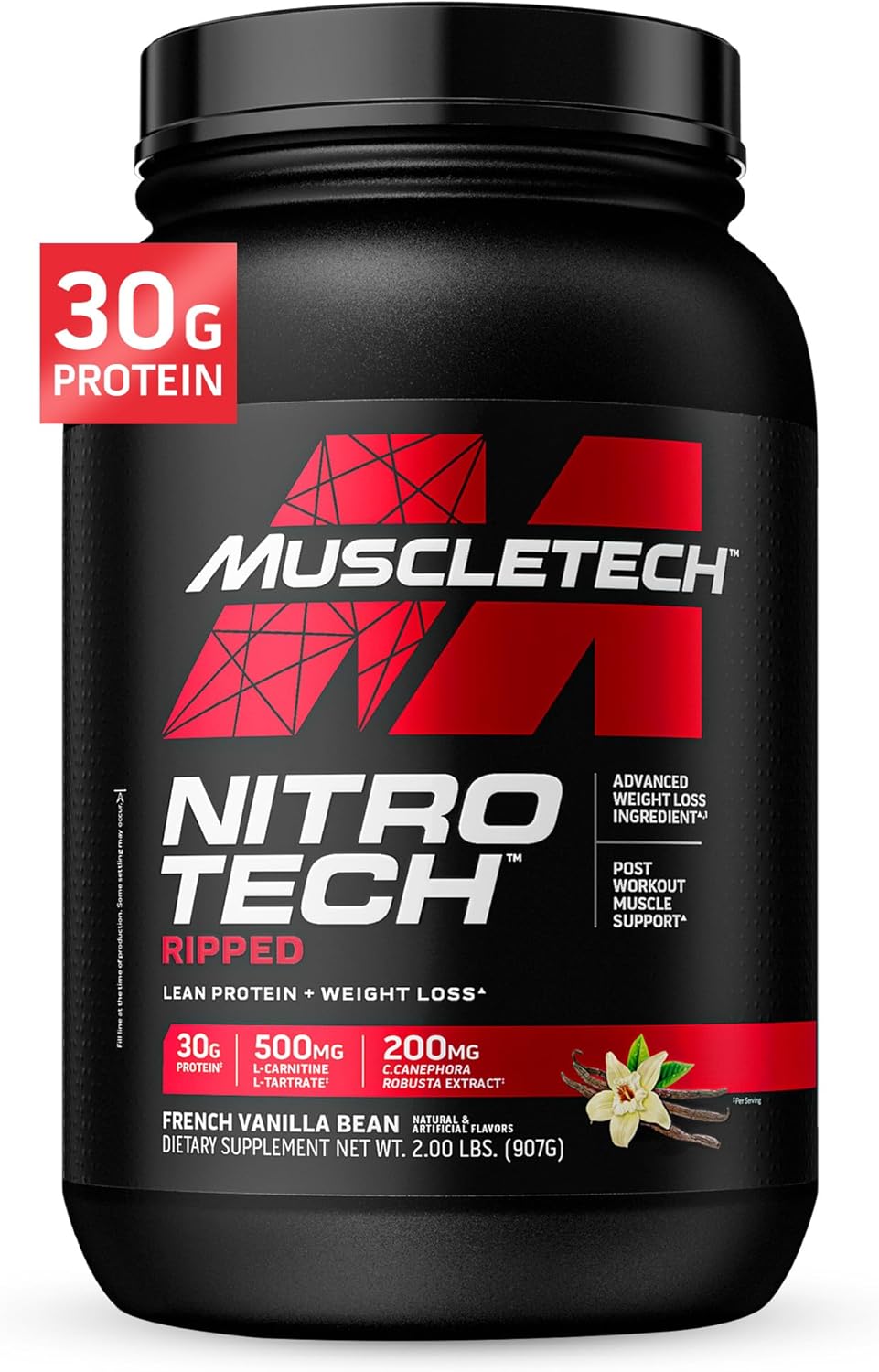 Muscletech Whey Protein Powder (French Vanilla Bean, 2Lb) - Nitro-Tech Ripped Whey Protein Isolate & Peptides Smoothie Mix For Lean Muscle & Fast Recovery - 30G Of Whey Protein For Women & Men