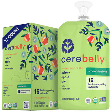 Cerebelly Baby Food Pouches – Celery Apple Kiwi Smoothie (4 oz, Pack of 12) Healthy Kids Snacks - Organic Fruit & Veggie Purees, Toddler Snacks