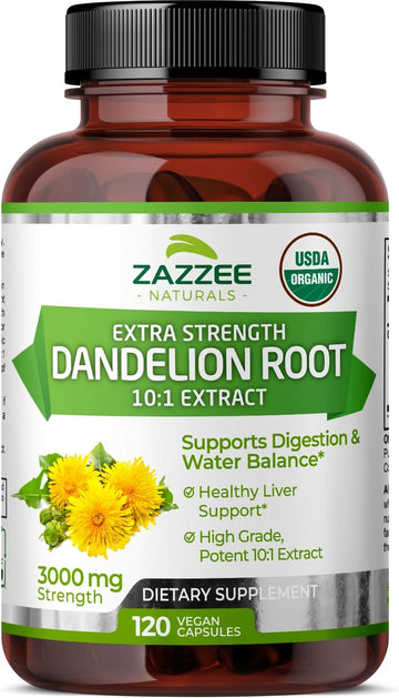 Zazzee Usda Organic Dandelion Root 10:1 Extract, 3000 Mg Strength, 120 Capsules, 4 Month Supply, Standardized And Concentrated 10X Extract, 100% Vegetarian, All-Natural And Non-Gmo