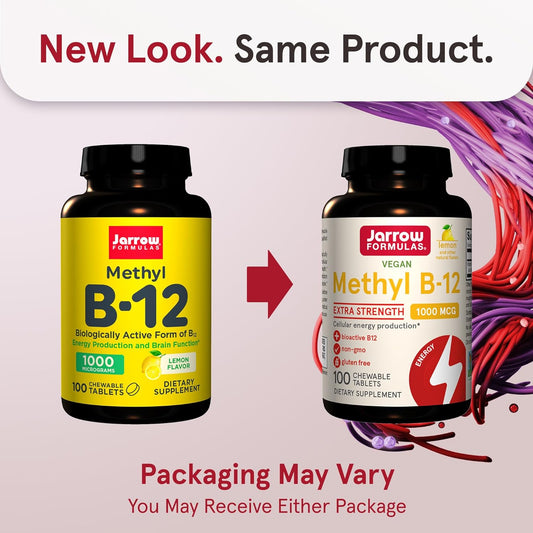 Jarrow Formulas Extra Strength Methyl B-12 1000Mcg, Dietary Supplement For Cellular Energy Production And Brain Health Support, 100 Lemon-Flavored Chewable Tablets, 100 Day Supply