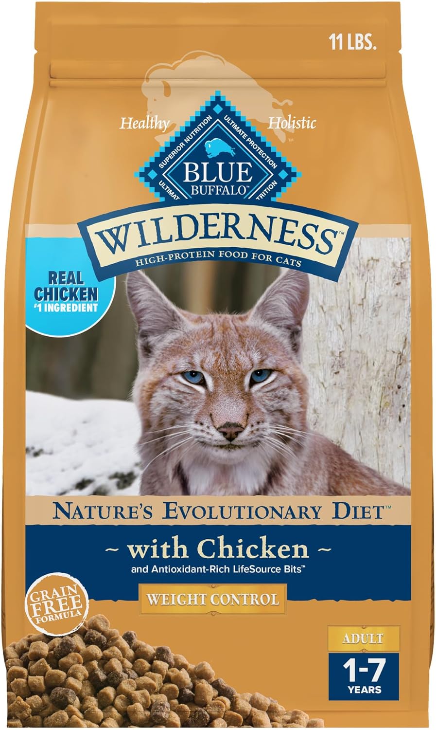 Blue Buffalo Wilderness High-Protein, Grain-Free Natural Dry Food For Adult Cats, Weight Control, Chicken, 11-Lb. Bag