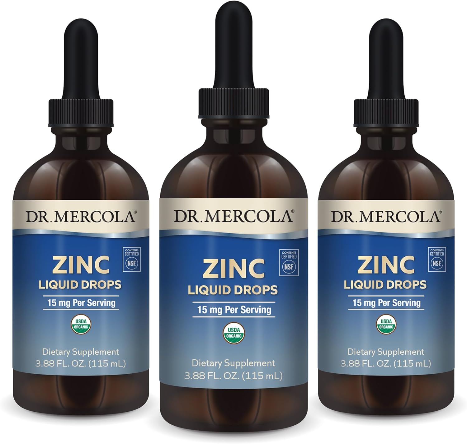Dr. Mercola Zinc Liquid Drops, 3.88 Fl. Oz. (115 Ml), 3-Pack (About 84 Servings), Dietary Supplement, 15Mg Per Serving, Immune Support & Cognitive Function, Certified Usda Organic