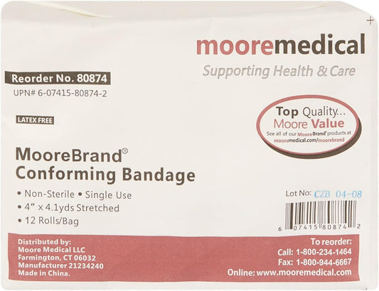 Moore Medical Conforming Stretch Gauze Bandages, Self-Adhesive Gauze Roll - 4 In X 4 1/10 Yd, 12 Count