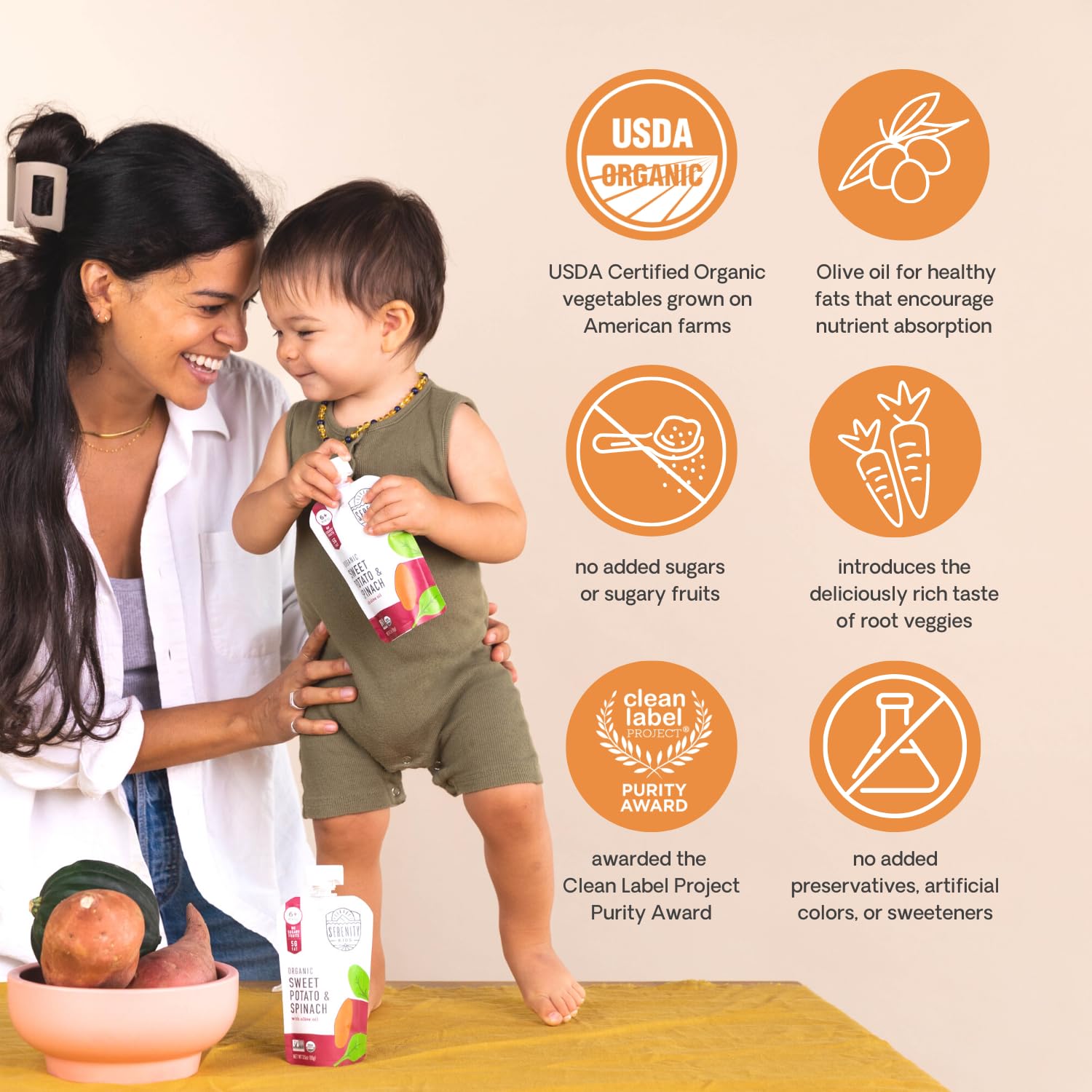 Serenity Kids 6+ Months Veggie Puree Baby Food Pouches - Usda Organic - No Sugary Fruits Or Added Sugar - Allergen Free - 3.5 Oz Bpa-Free Pouch - Sweet Potato & Spinach - 6 Count - Sweet Potato Puree