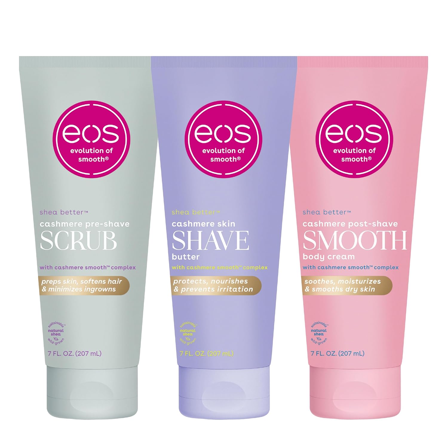 eos Vanilla Cashmere Skin Collection 3-Step bundle- Pre-shave Scrub + Shave Butter + Post Shave Body Cream