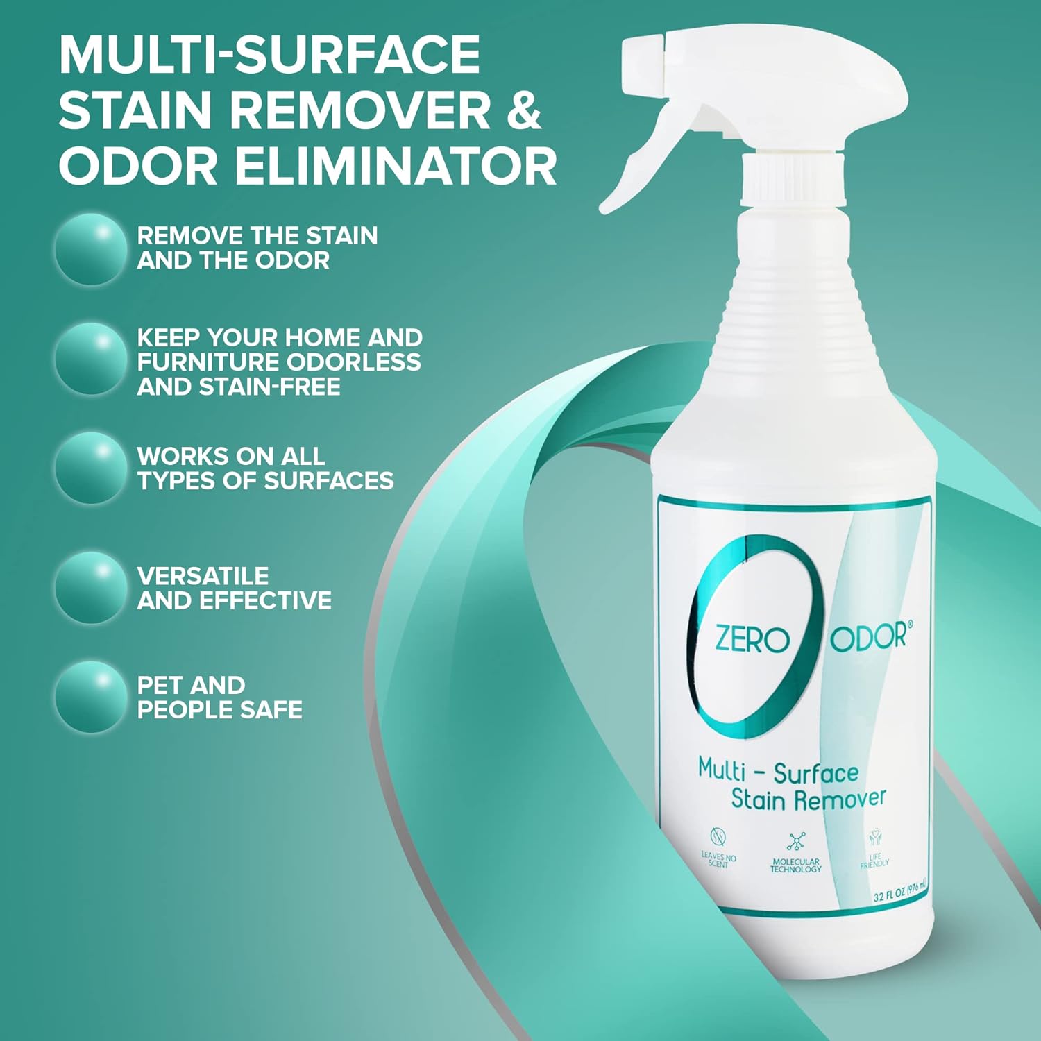 Zero Odor – Multi-Surface Stain Remover & Odor Eliminator - Remove Stains and Odor Patented Molecular Technology Best for Carpet, Rug, Linens, Furniture, Floors, 32oz (Over 700 Sprays) : Health & Household