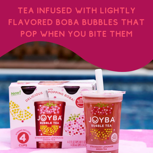Joyba Bubble Tea Raspberry Dragon Fruit Black Tea With Popping Boba, 4 Pack, 12 Fl. Oz. Cups