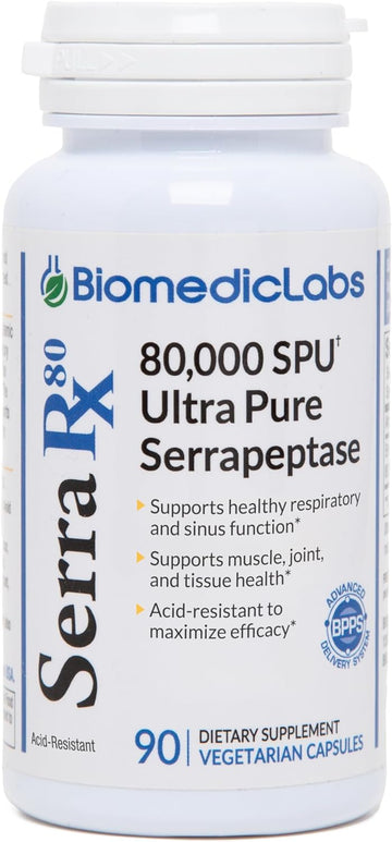 Serra-RX 80,000 SPU Serrapeptase - Acid-Resistant Proteolytic Systemic Enzyme, Non-GMO, Gluten Free, Vegan, Supports Sinus & Lung Health, 90 Veg Capsules