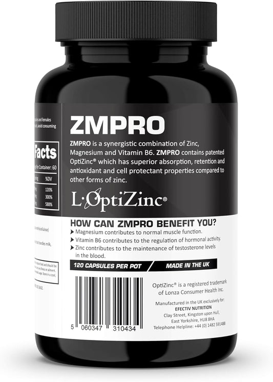 Efectiv Sports Zm Pro | Blend Of Zinc, Magnesium And Vitamin B6 | Supports And Maintains Testosterone Levels | Reduces Tiredness And Fatigue | 30 Servings | 120 Capsules