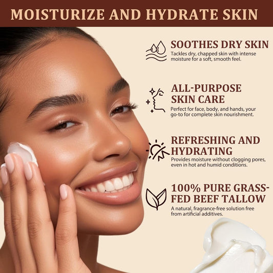 Tallow And Honey Balm (120G), Beef Tallow For Skin, Tallow Face Moisturizer, Organic Grass Fed Whipped Beef Tallow Cream, Deeply Hydrates And Moisturizes Face Body, Fast Absorption, Glass Bottle