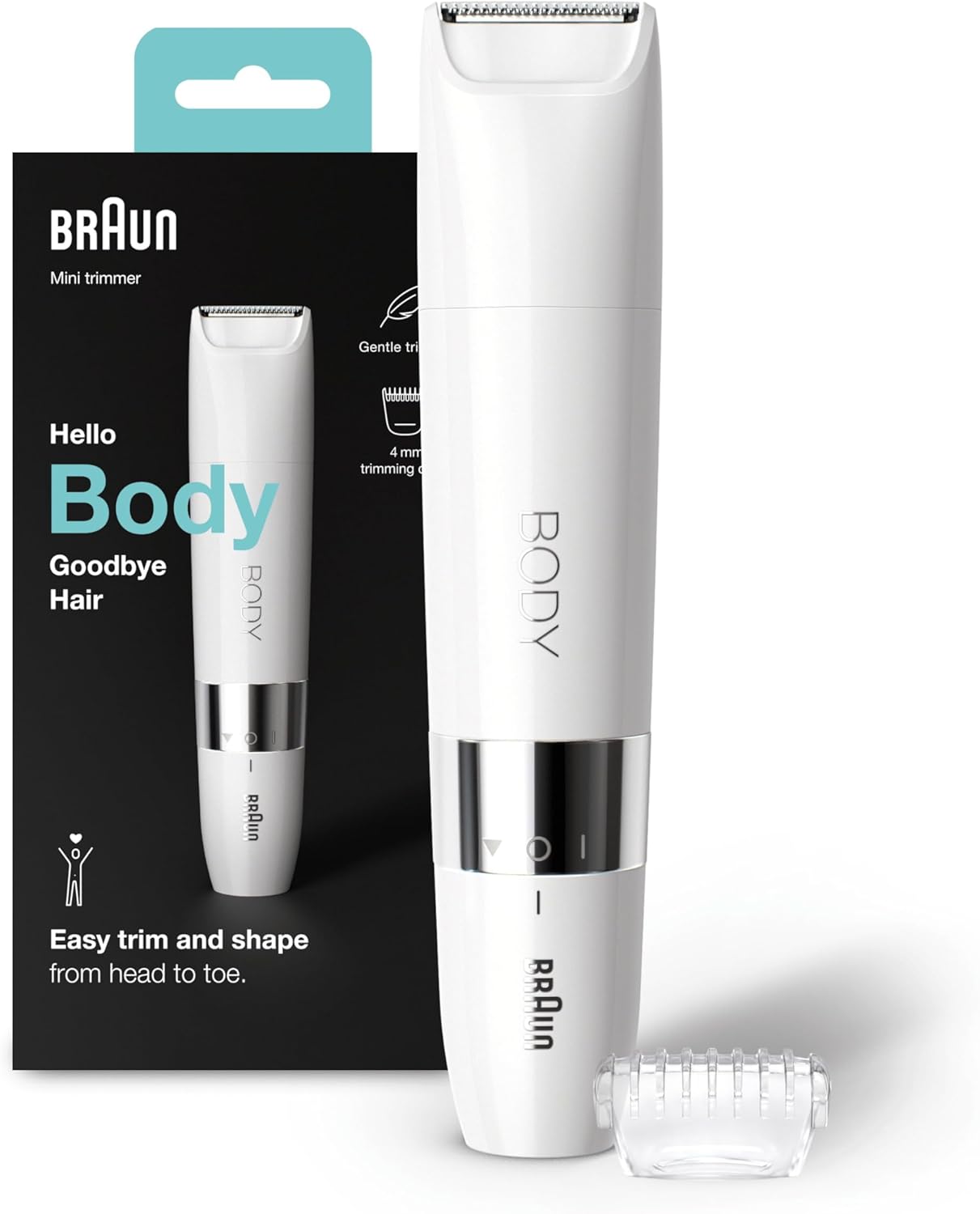 Braun Body Mini Trimmer, Gentle Body Hair Removal, Precision Trimmer, Wet & Dry, 100% Waterproof, Bs1000, White