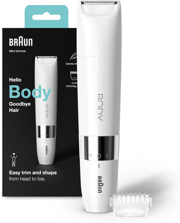 Braun Body Mini Trimmer, Gentle Body Hair Removal, Precision Trimmer, Wet & Dry, 100% Waterproof, Bs1000, White