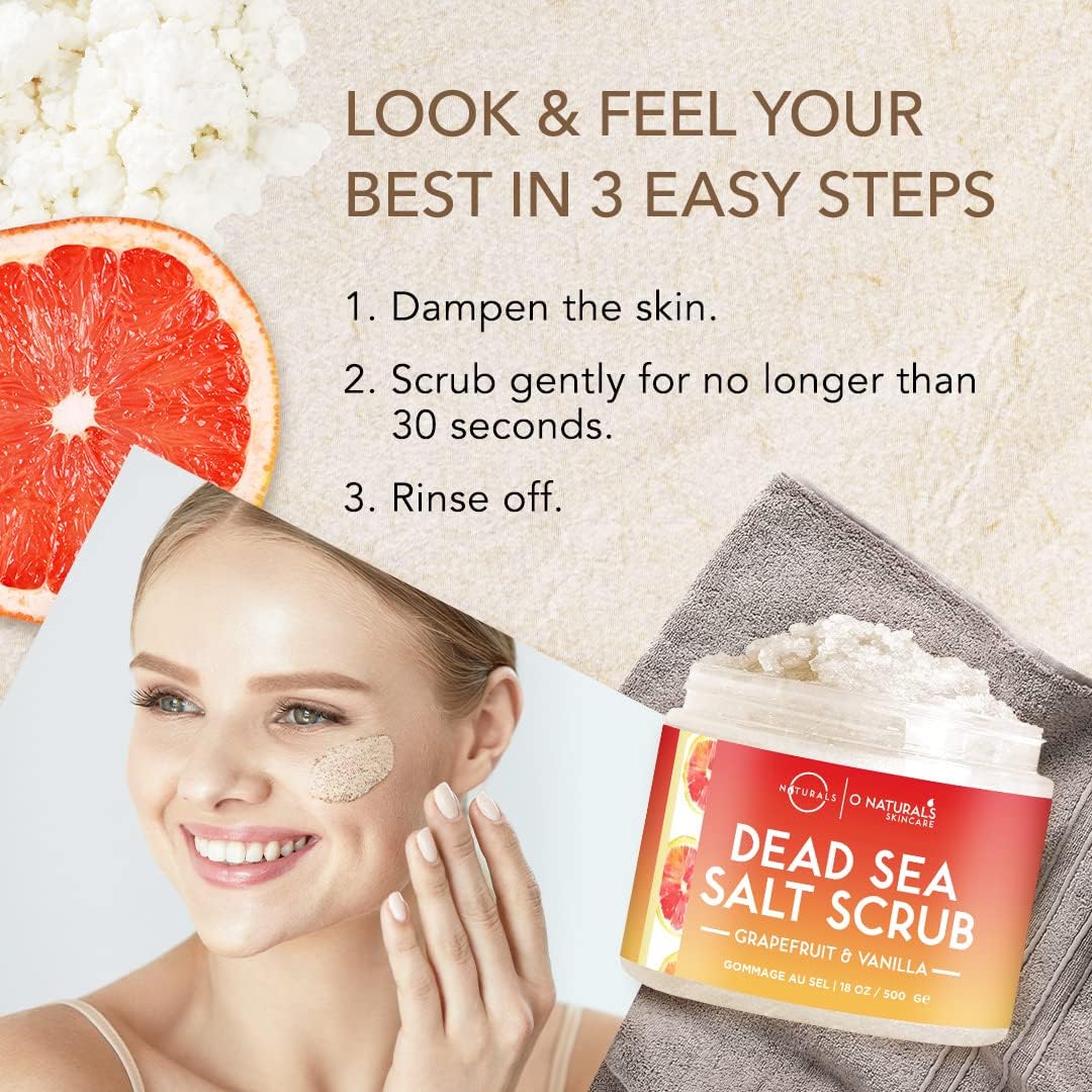 O Naturals Exfoliating Dead Sea Salt Grapefruit Essential Oil Face Body & Foot Scrub. W/Vanilla &. Hydrating Exfoliate Dead Skin, Men & Women Scrub 18Oz