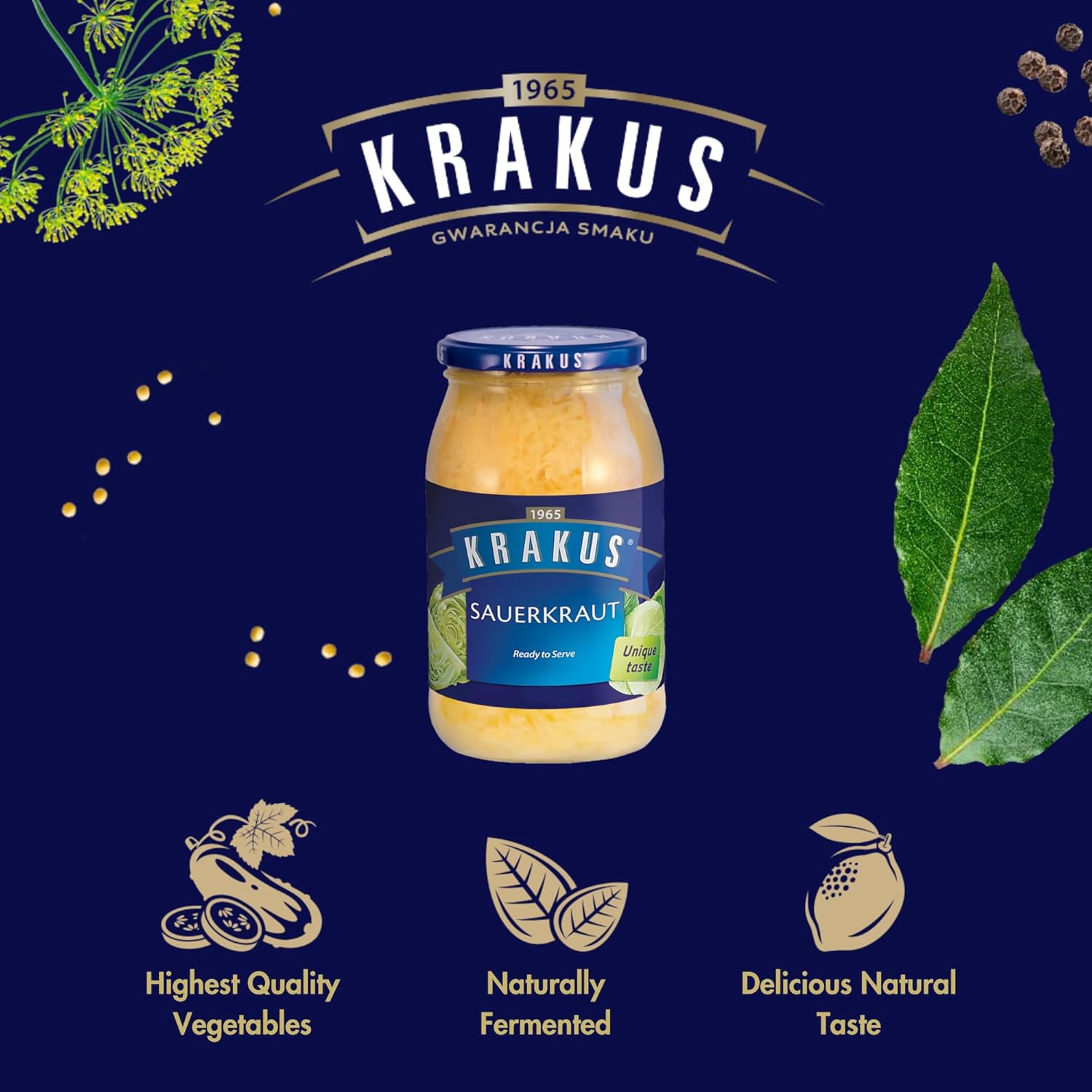 Krakus Sauerkraut 900G - Naturally Fermented - Crunchy & Tangy Sauerkraut - Delicious Condiment - Ready To Serve - Glass Jar