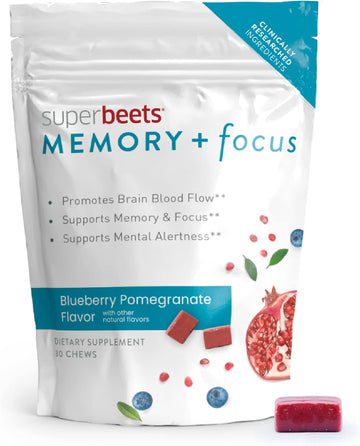 Humann Superbeets Memory & Focus Brain Supplement Chews – Mental Alertness – Clinically Studied Nootropics, Resveratrol Plus Beet Root Powder, Blueberry Pomegranate Flavor, 30 Count