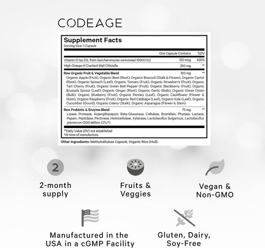 Codeage Raw Vitamin D3+ High Potency 5000 Iu Supplement From Saccharomyces Cerevisiae - Raw Vitamin Enhanced With Omega-9, Probiotics, Digestive Enzymes, Fruits & Greens - 2-Month Supply - 60 Capsules