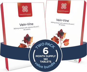 Healthspan Vein Vine Leg Vein Support 360Mg (180 Tablets) | For Tired & Heavy Legs | Maintains Healthy Leg-Vein Functions | Red Vine Leaf Extract | Added Vitamins B1 & C | Vegan