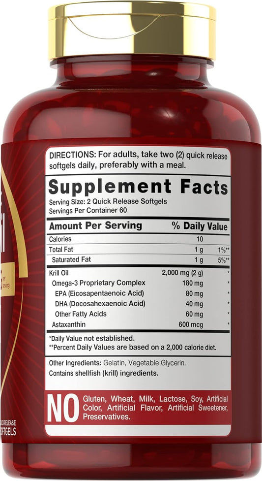 Antarctic Krill Oil 2000 mg 120 Softgels | Omega-3 EPA, DHA, with Asta