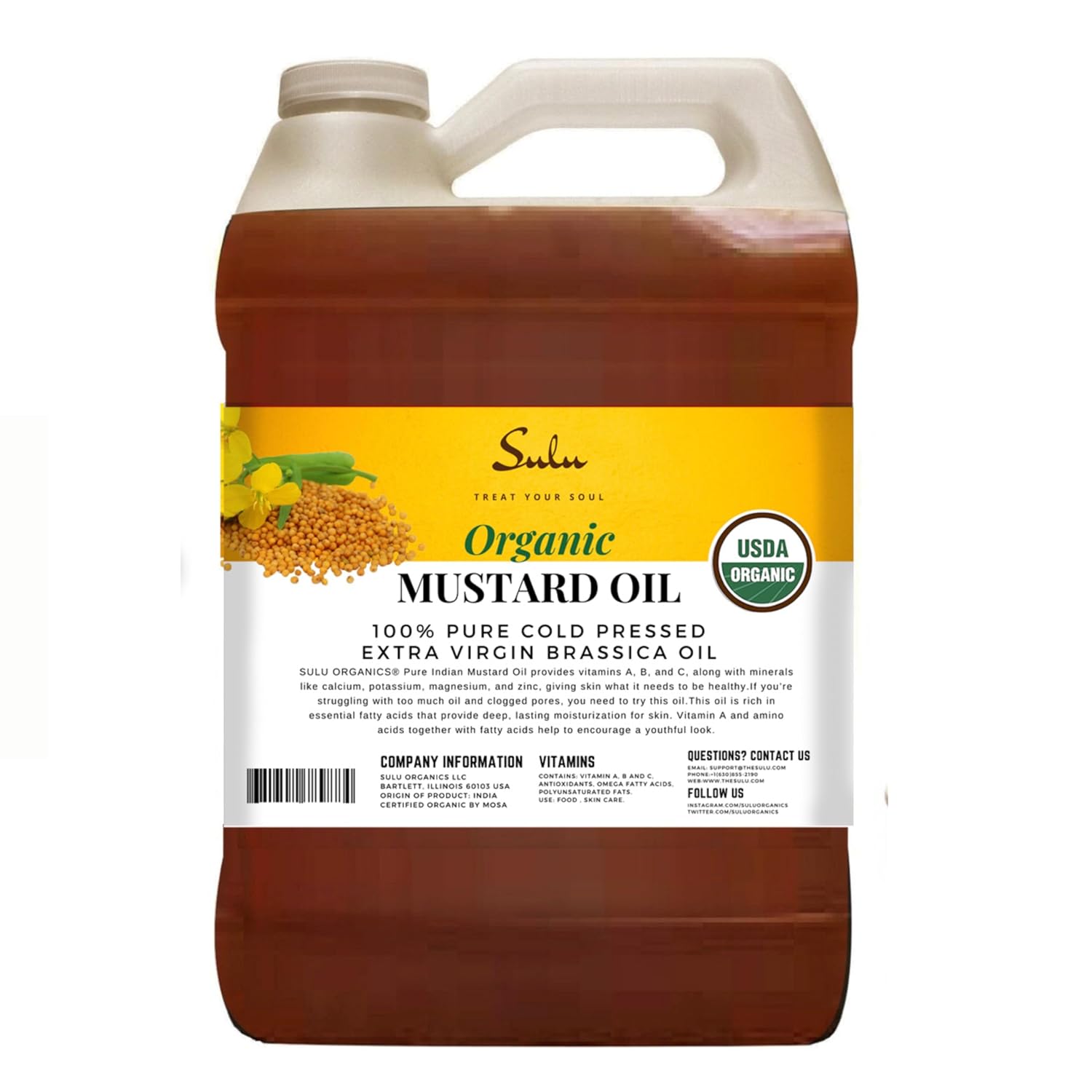 Sulu Organics 100% Pure Cold Extra Virgin Organic Unrefined Indian Mustard Seed Oil(64 Fl.Oz/4 Lbs)