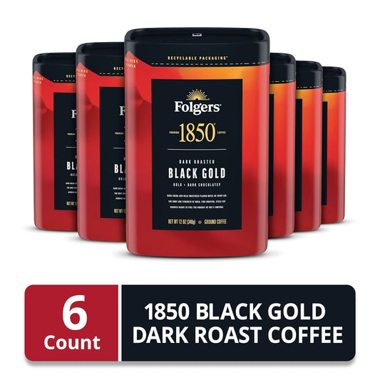 Folgers 1850 Black Gold Dark Roast Ground Coffee, 12 Ounce (Pack of 6)