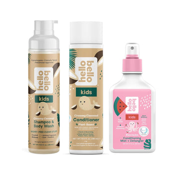 Hello Bello Creamy Coconut Tear-Free Shampoo & Body Wash 10 Fl Oz, Conditioner 10 Fl Oz, Watermelon Conditioning Mist + Detangler - Gentle, Hypoallergenic, Dermatologist-Tested, Vegan