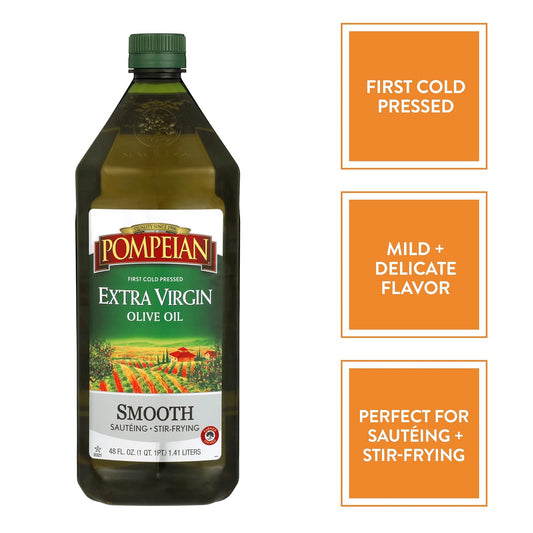 Pompeian Smooth Extra Virgin Olive Oil, First Cold Pressed, Mild And Delicate Flavor, Perfect For Sauteing And Stir-Frying, Naturally Gluten Free, Non-Allergenic, Non-Gmo, 48 Fl. Oz., Single Bottle