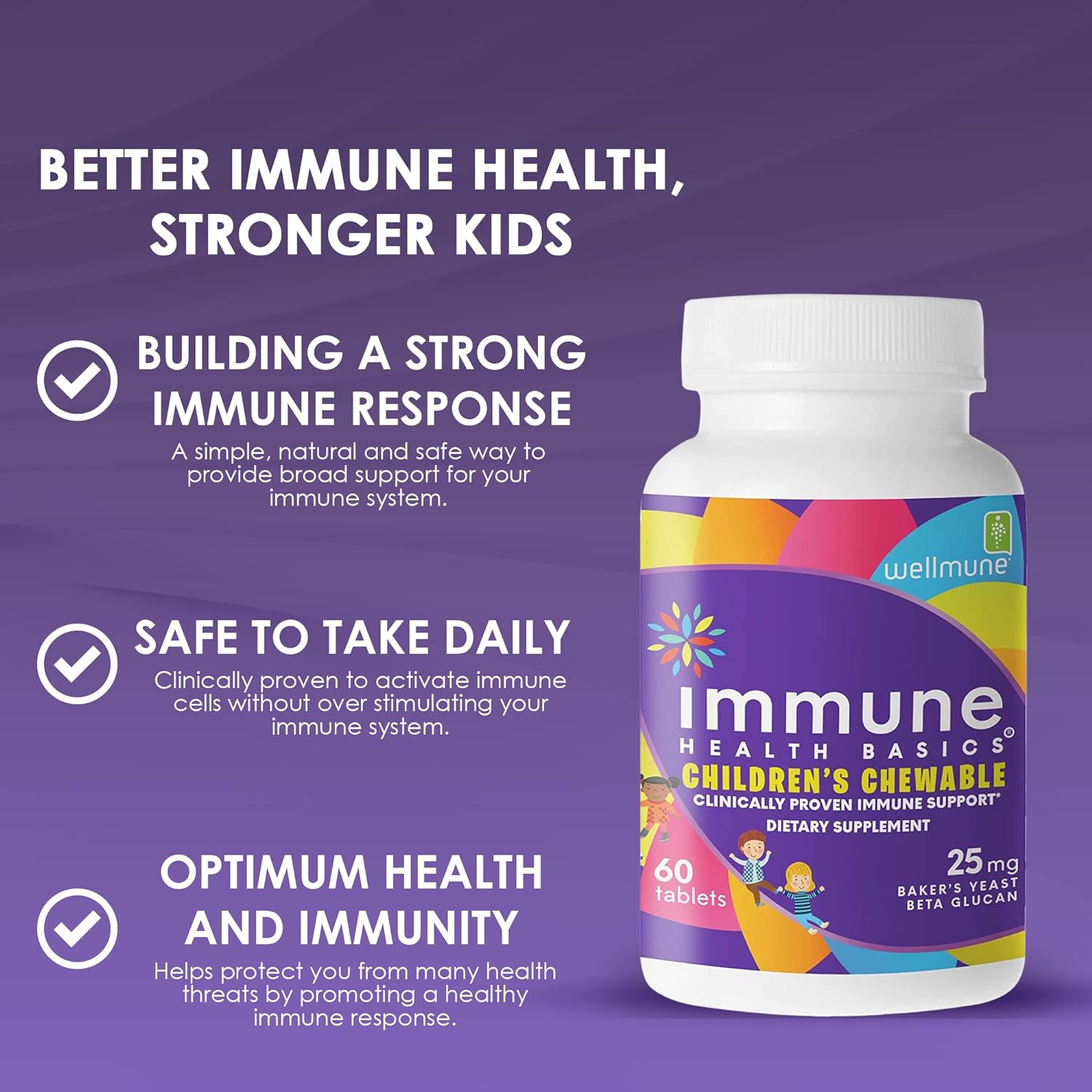 Immune Health Basics Children's Chewable Tablets, Wellmune Clinically Proven Highly Purified Beta Glucan Immunity Supplements for Children, Kids-Approved!