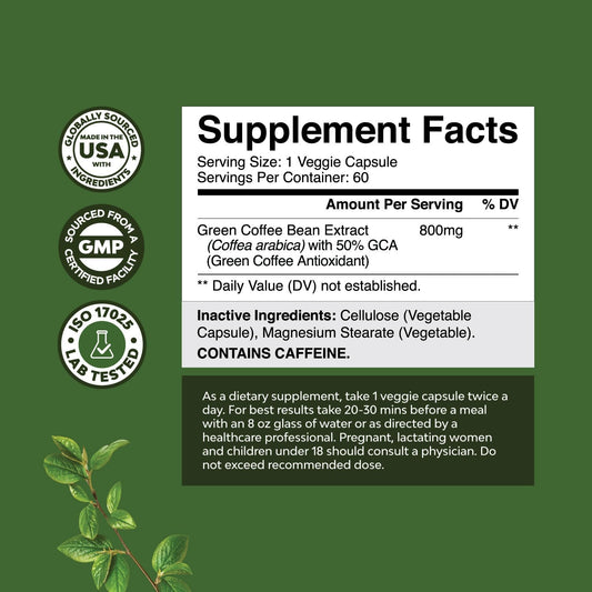 Green Coffee Bean Extract for Weight Loss Dietary Supplement Maximum Strength Vitamins No. 1 Antioxidant Increase Energy Boost Metabolism Control Hunger for Women and Men