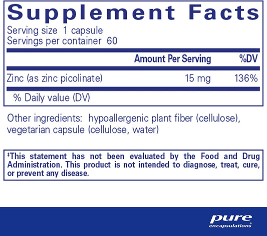 Pure Encapsulations Zinc 15 Mg - Zinc Picolinate Supplement For Immune System Support, Growth & Development - For Wound Healing - With Premium Zinc Picolinate - 60 Capsules