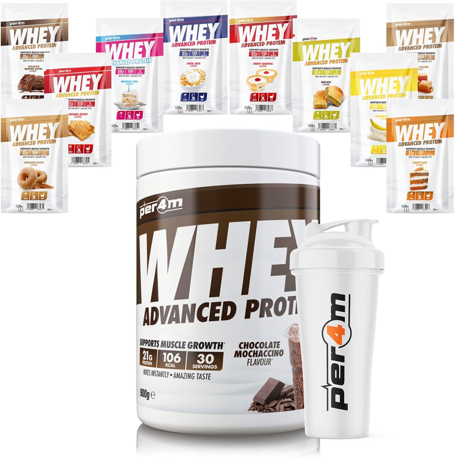 Per4M Advanced Whey Protein Powder | 30 Serving Low Sugar Protein Shake With Amino Acids | Perfect For Your Gym Bag And Travel | Shaker & 5 Mixed Selection Sachets (900G, Cookie Dough)