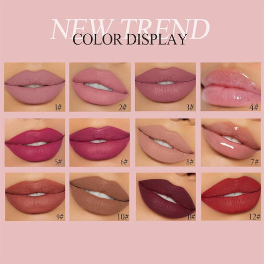 12Pcs Nude Matte Liquid Lipstick Set, Waterproof Long Lasting Non-Stick Cup Nude Brown Dark Red Purple Lipstick 24 Hour Not Fade Matte Lipstick Professional Lip Gloss Makeup Gifts For Women (Set A)