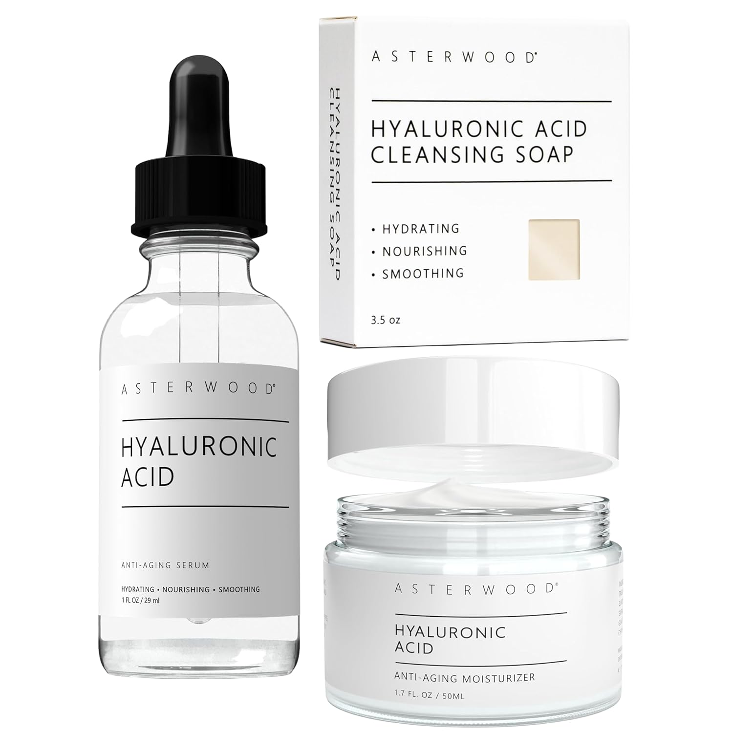 Hyaluronic Acid Serum 1 Oz, Hyaluronic Acid Moisturizer 1.7 Oz, And Hyaluronic Acid Face Bar 3.5 Oz