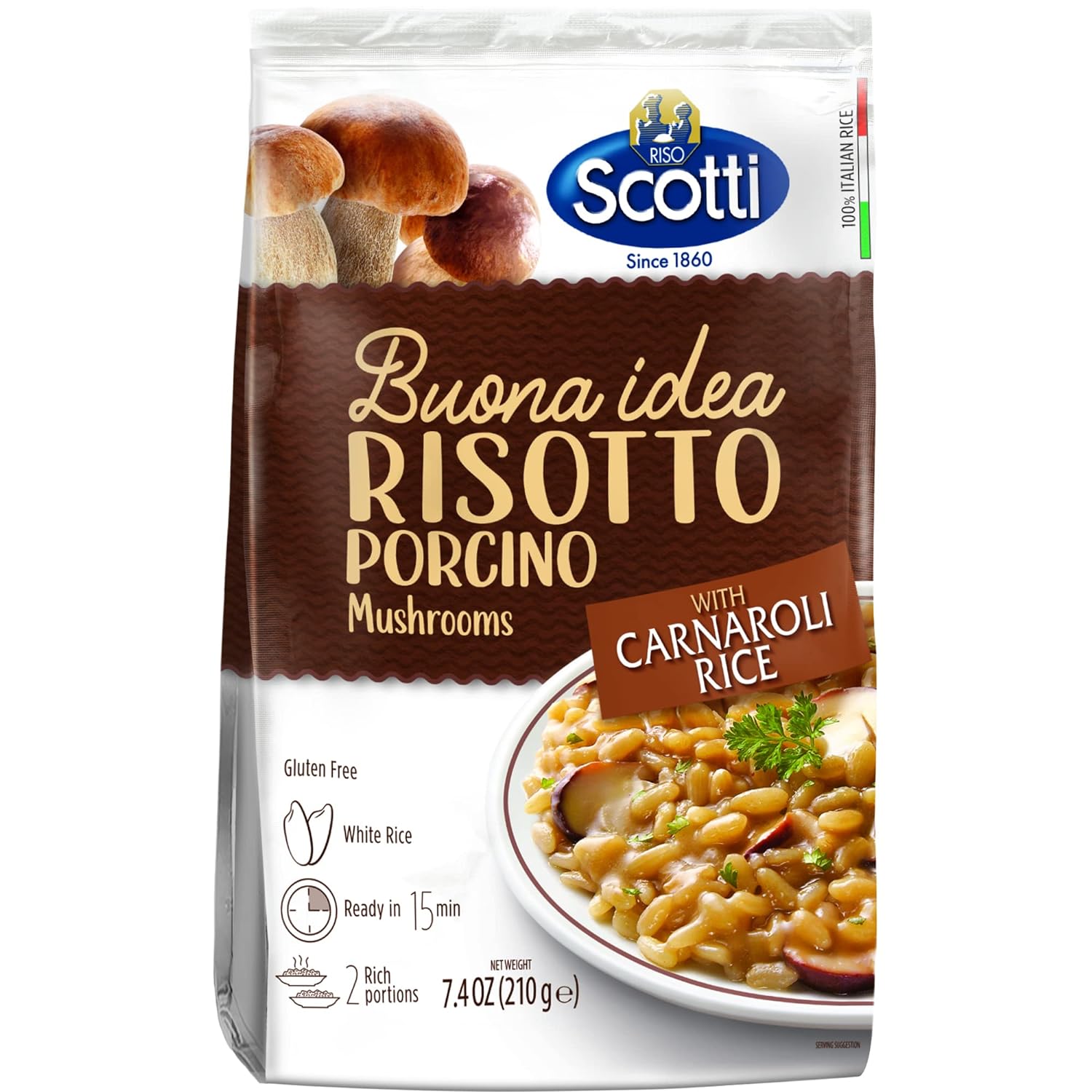 Porcini Mushrooms, Riso Scotti, Carnaroli Rice, Ready Meal, Easy to Cook, Italian Seasoned Risotto, Easy Dinner Side Dish, Just Add Water and Heat, 7.4 oz, 2-3 servings