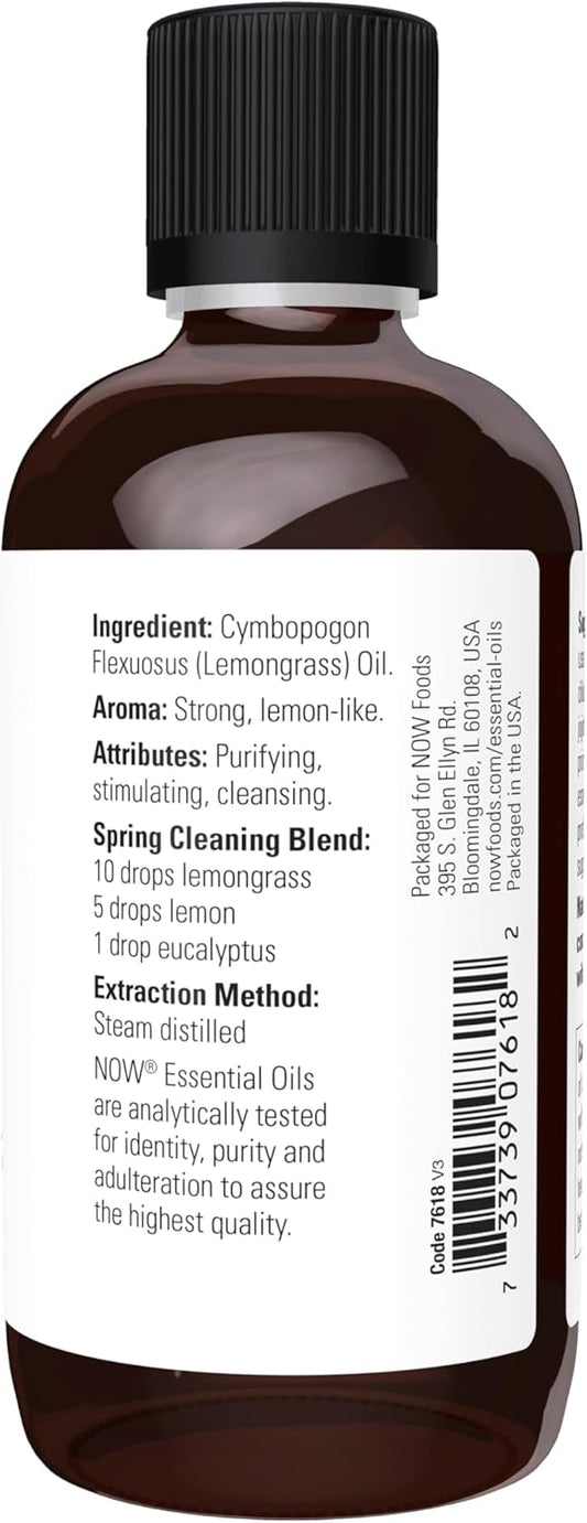 Now Essential Oils, Lemongrass Oil, Uplifting Aromatherapy Scent, Steam Distilled, 100% Pure, Vegan, Child Resistant Cap, 4-Ounce