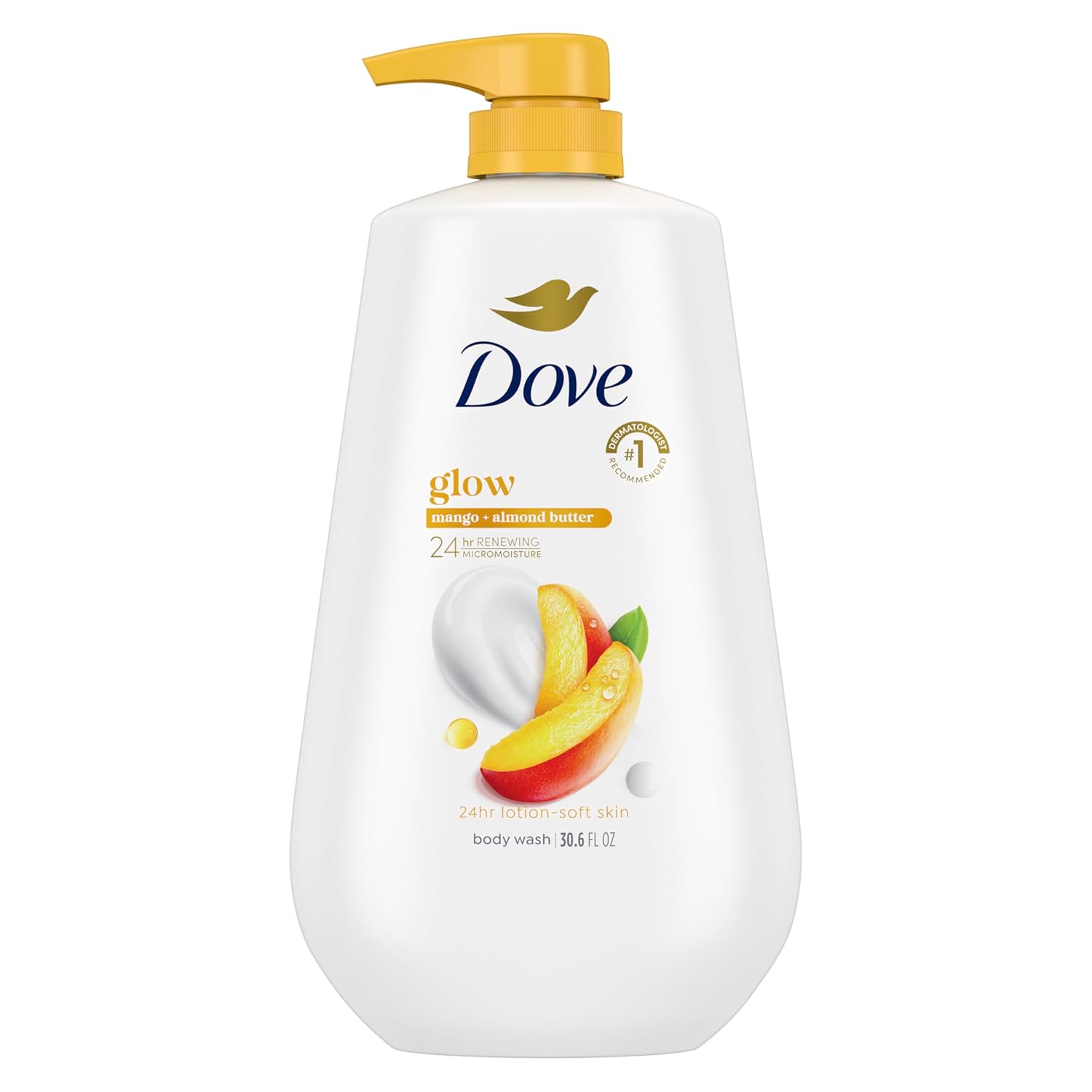 Dove Body Wash With Pump Glow Mango & Almond Butter For 24Hr Lotion-Soft Skin Moisturizing Skin Cleanser With No Sulfates No Parabens 30.6 Oz