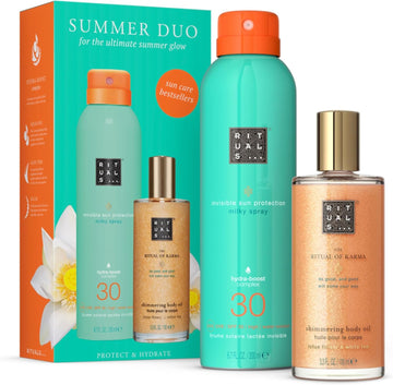 Rituals The Ritual Of Karma Summer Skincare Duo, Sun Spray Lotion Spf 30 For Broad Spectrum Protection, Illuminating Body Oil With White Tea And Lotus Flower, Hydrating Sun Care Gift Set