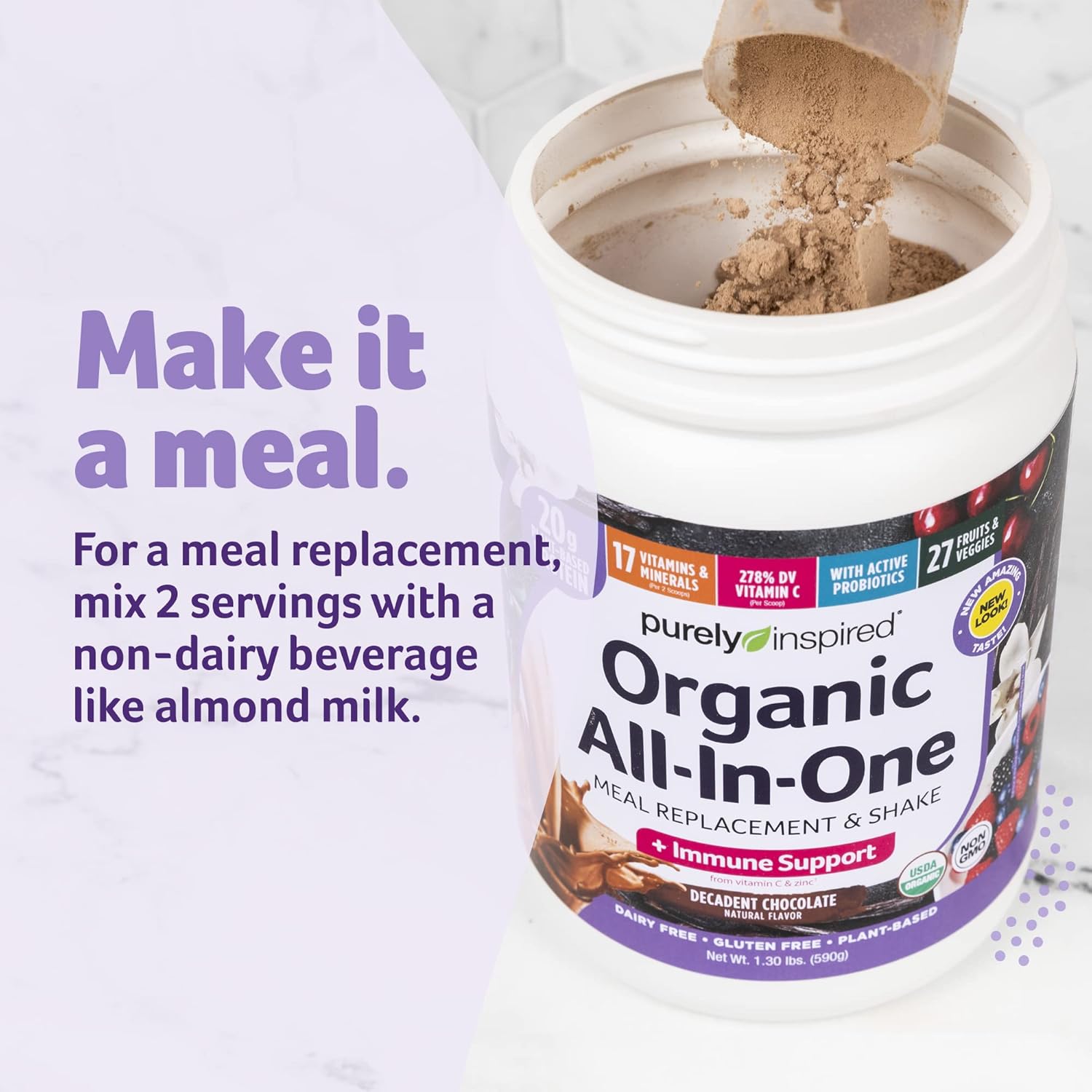 Purely Inspired All-in-One Vegan Protein Powder for Men & Women, Decadent Chocolate (14 Servings) - Plant-Based Organic Protein Powder for Shakes & Smoothies - Gluten-Free Nutritional Meal Replacement